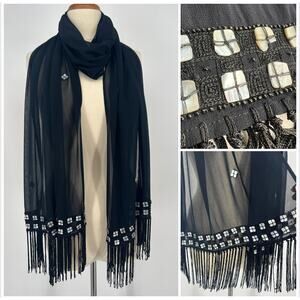 Sheer Black Embellished Shawl Wrap Seashell Glass Beaded Fringe Scarf Bohemian